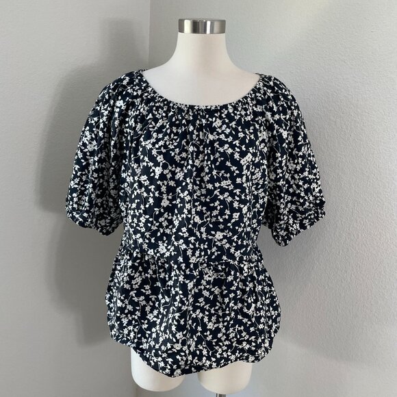 OLD NAVY Womens XL Floral Peplum Top Puff Sleeve Open Back Blouse Shirt - Picture 1 of 9